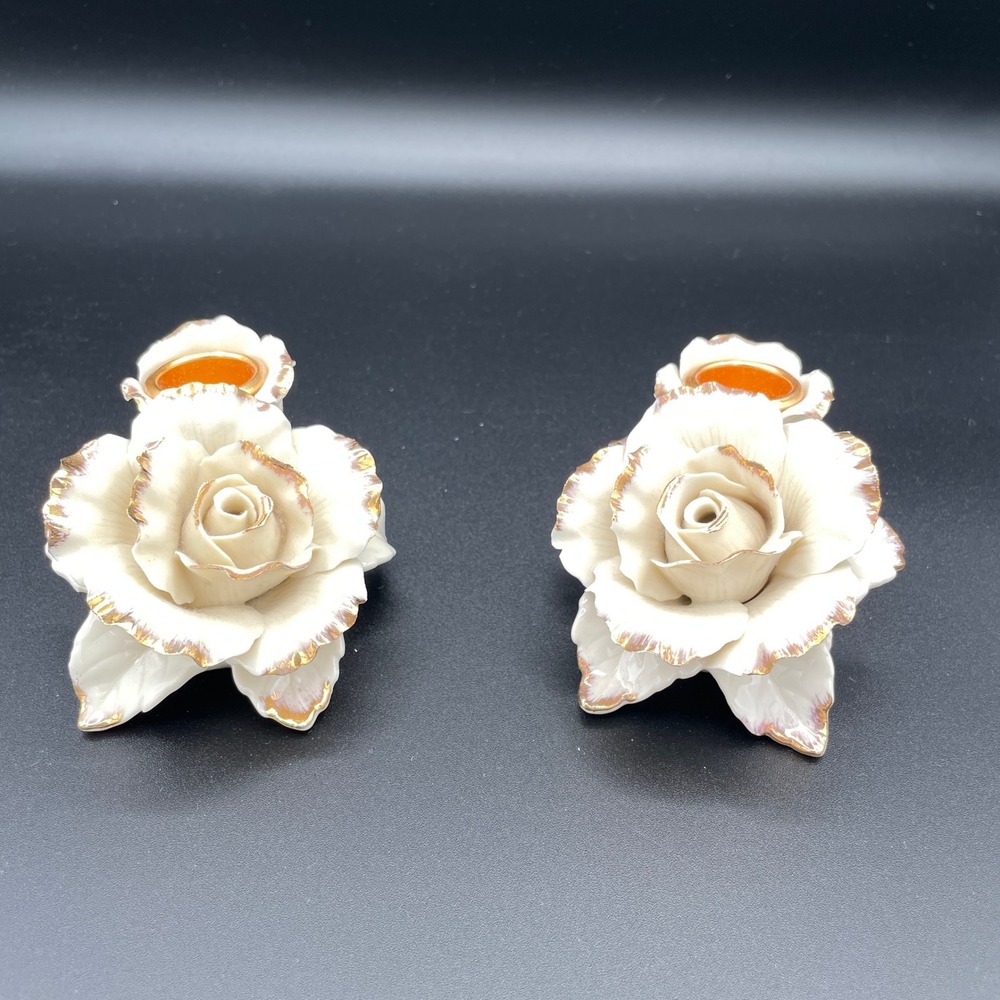 Avon Porcelain Unisex Adult OS Vintage Rose Candlestick Holders Set of 2
